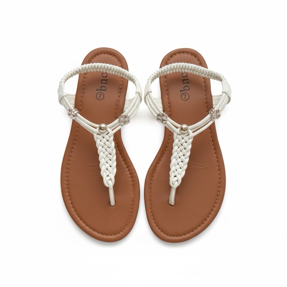 BNCO | White Braided Thong Sandals with Silver Charms Embellishments